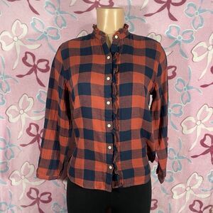 By Trovota Birds Of Paradis Size Small Coral Checkered Ruffle Top Small